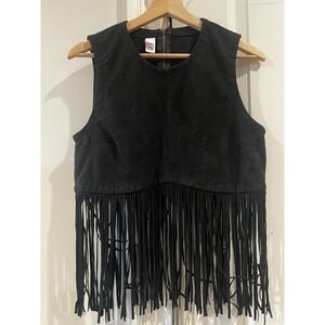 Women's Junior Faux Suede Sleeveless Fringe Cropped Top Large Black Boho Western